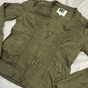 Kut from the Kloth Linen Jacket Womens‎ M Army Green Blazer Full Zip Canvas Coat